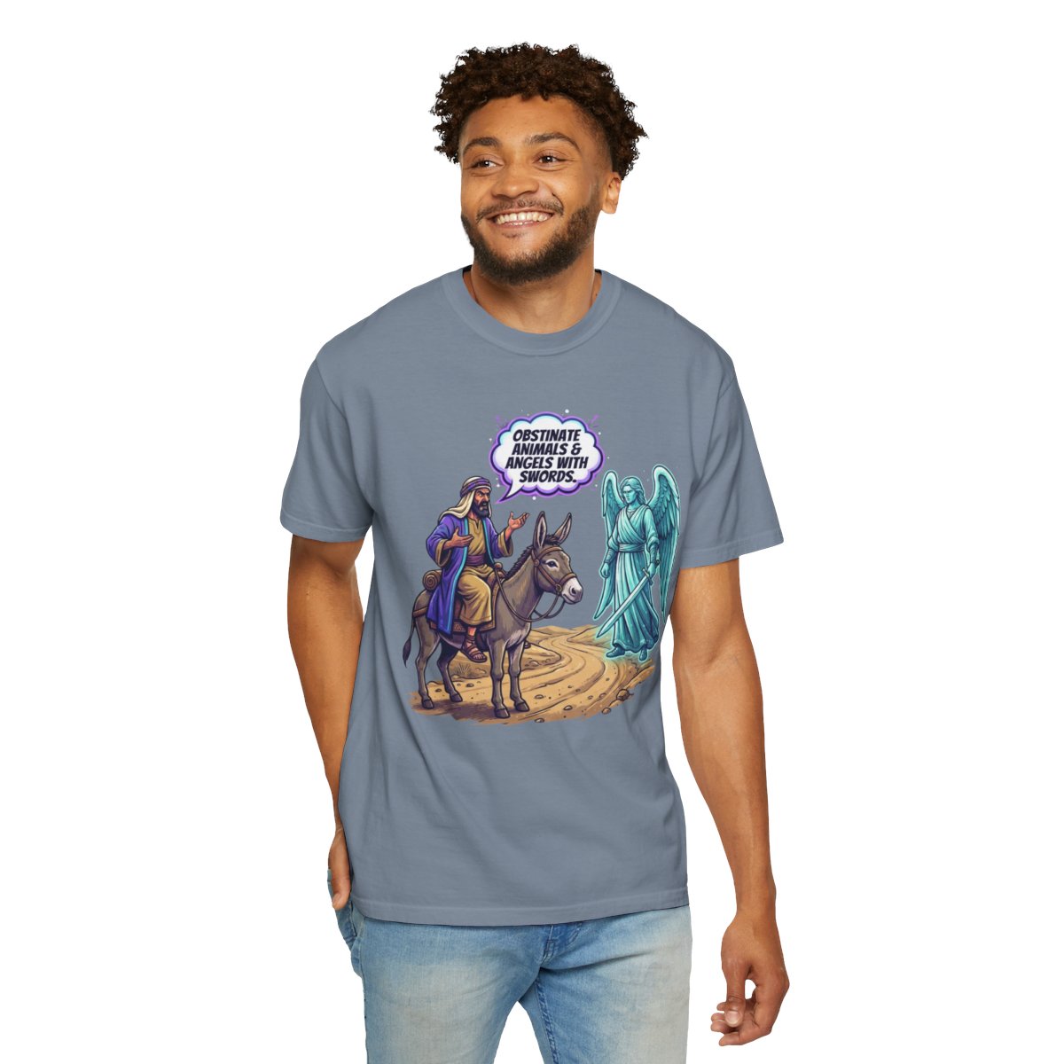 Color: Blue Jean | Good Book Series Obstinate Animals & Angels With Swords Unisex Garment-Dyed Tee