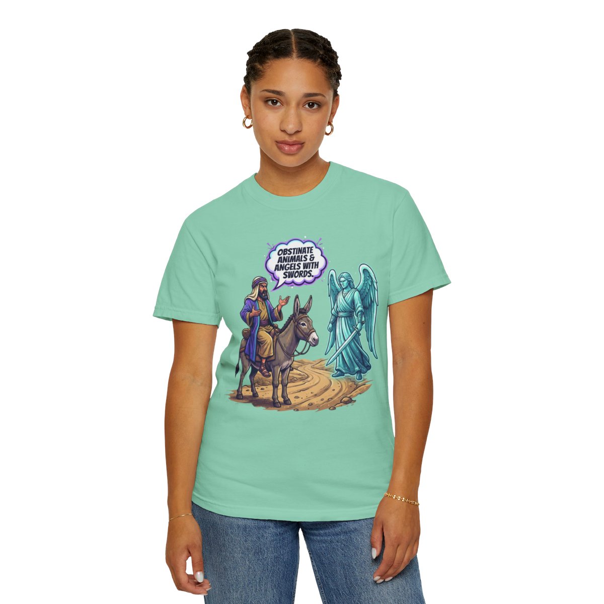 Color: Island Reef | Good Book Series Obstinate Animals & Angels With Swords Unisex Garment-Dyed Tee