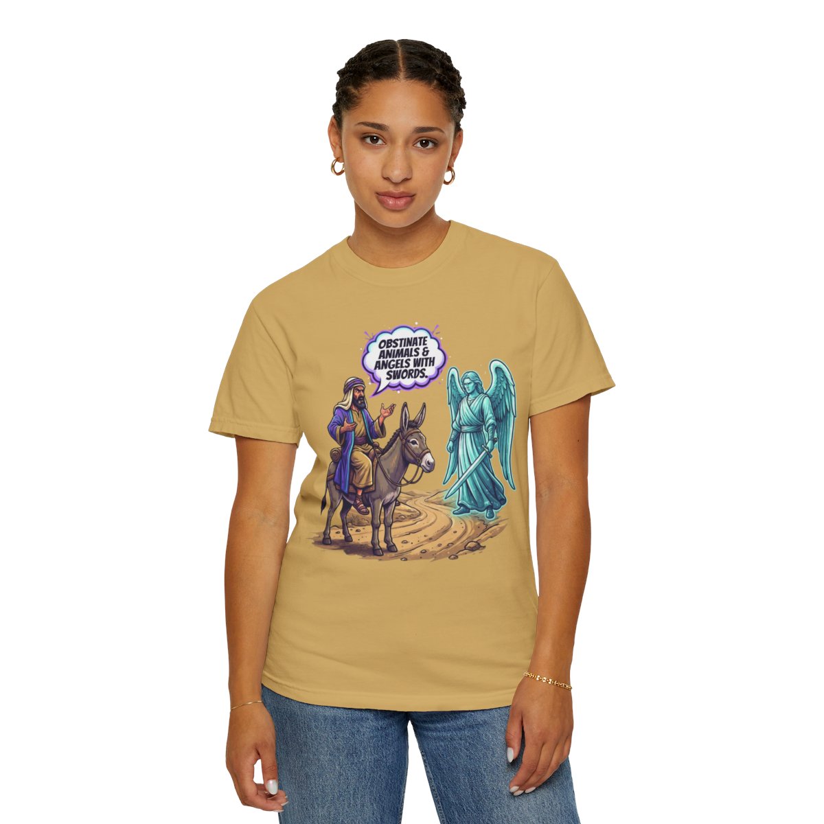 Color: Mustard | Good Book Series Obstinate Animals & Angels With Swords Unisex Garment-Dyed Tee