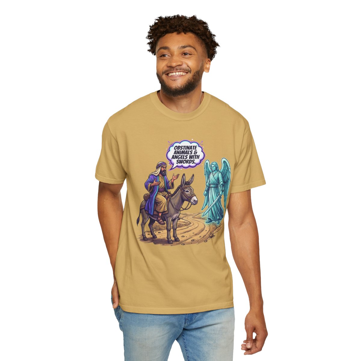 Color: Mustard | Good Book Series Obstinate Animals & Angels With Swords Unisex Garment-Dyed Tee