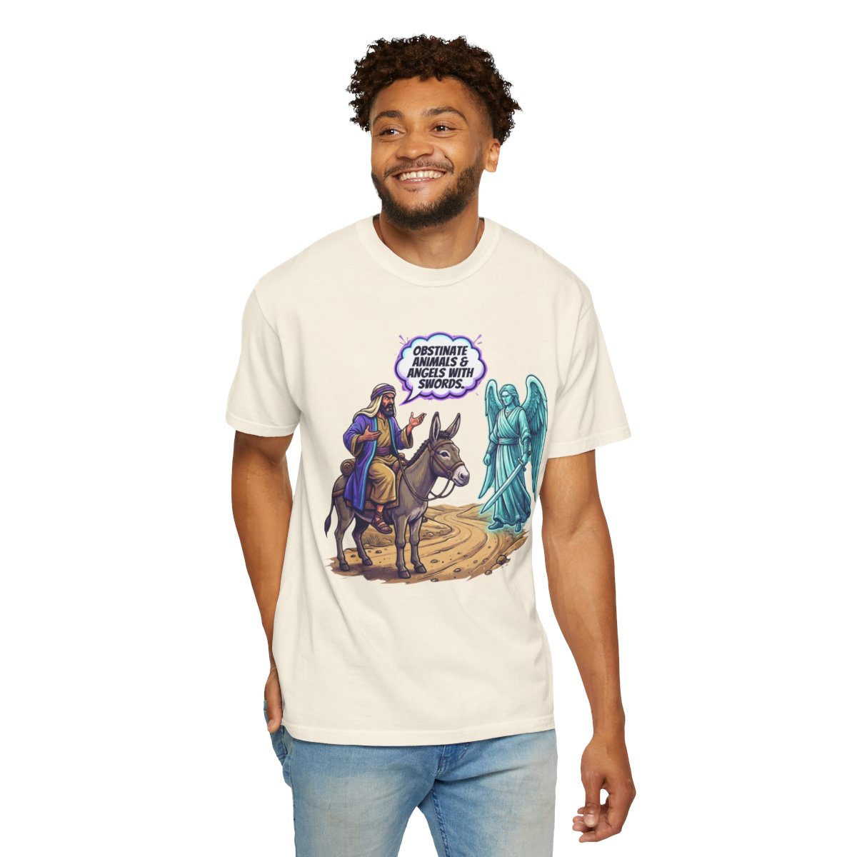 Color: Ivory | Good Book Series Obstinate Animals & Angels With Swords Unisex Garment-Dyed Tee