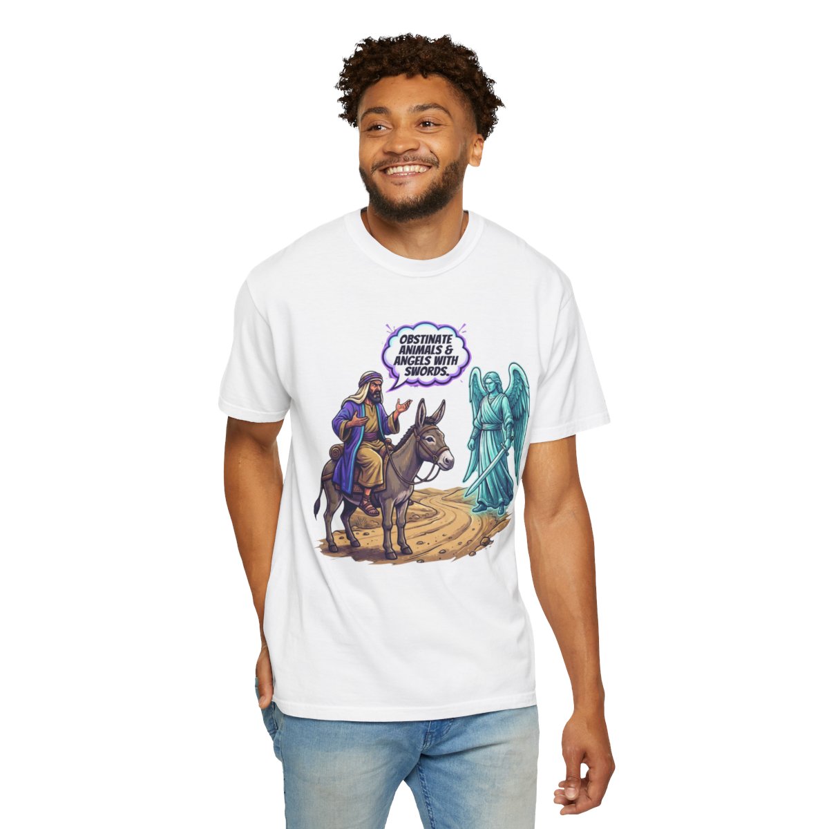 Color: White | Good Book Series Obstinate Animals & Angels With Swords Unisex Garment-Dyed Tee