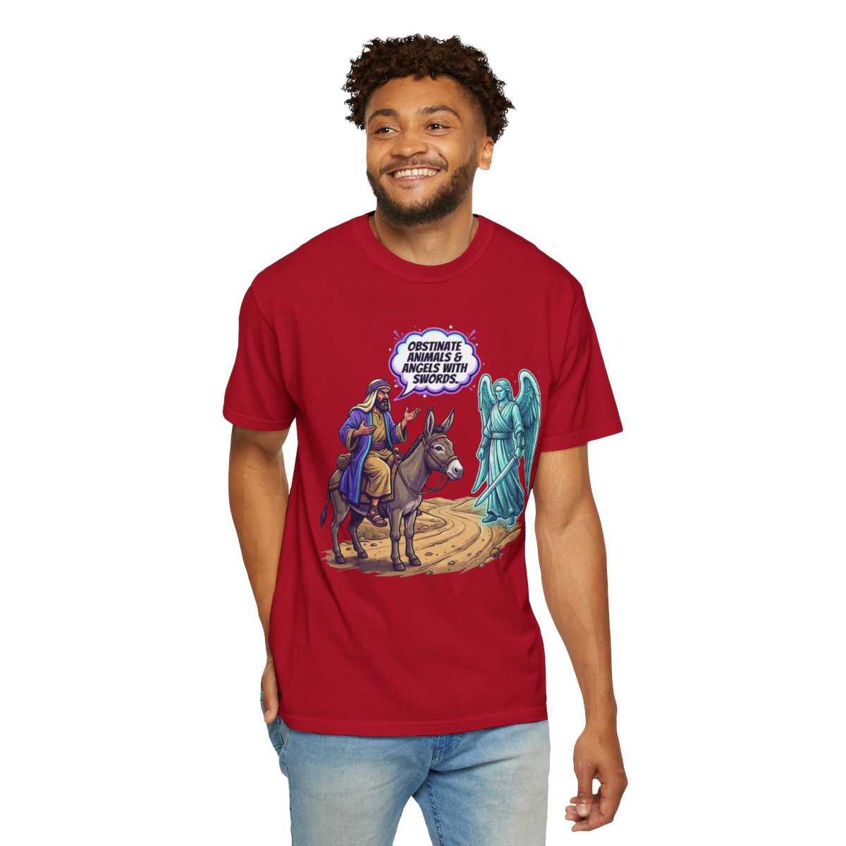 Color: Red | Good Book Series Obstinate Animals & Angels With Swords Unisex Garment-Dyed Tee