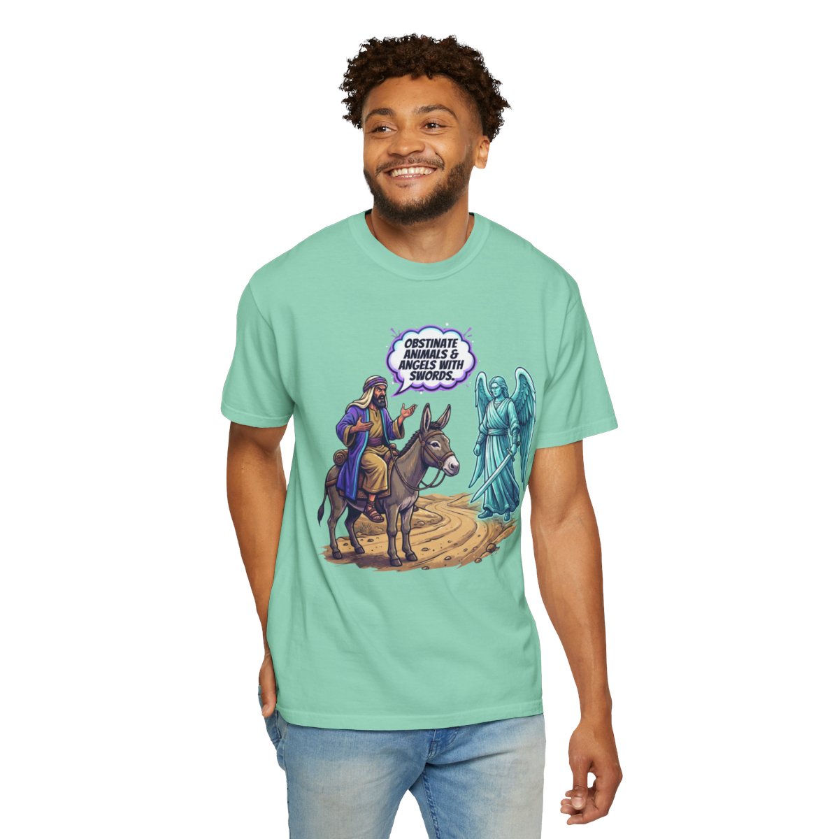 Color: Island Reef | Good Book Series Obstinate Animals & Angels With Swords Unisex Garment-Dyed Tee