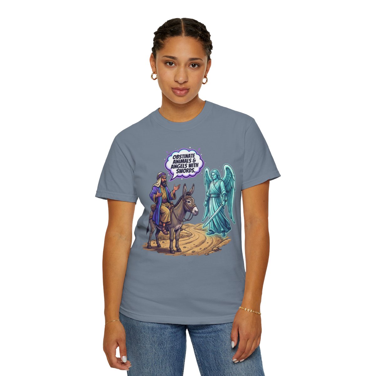 Color: Blue Jean | Good Book Series Obstinate Animals & Angels With Swords Unisex Garment-Dyed Tee