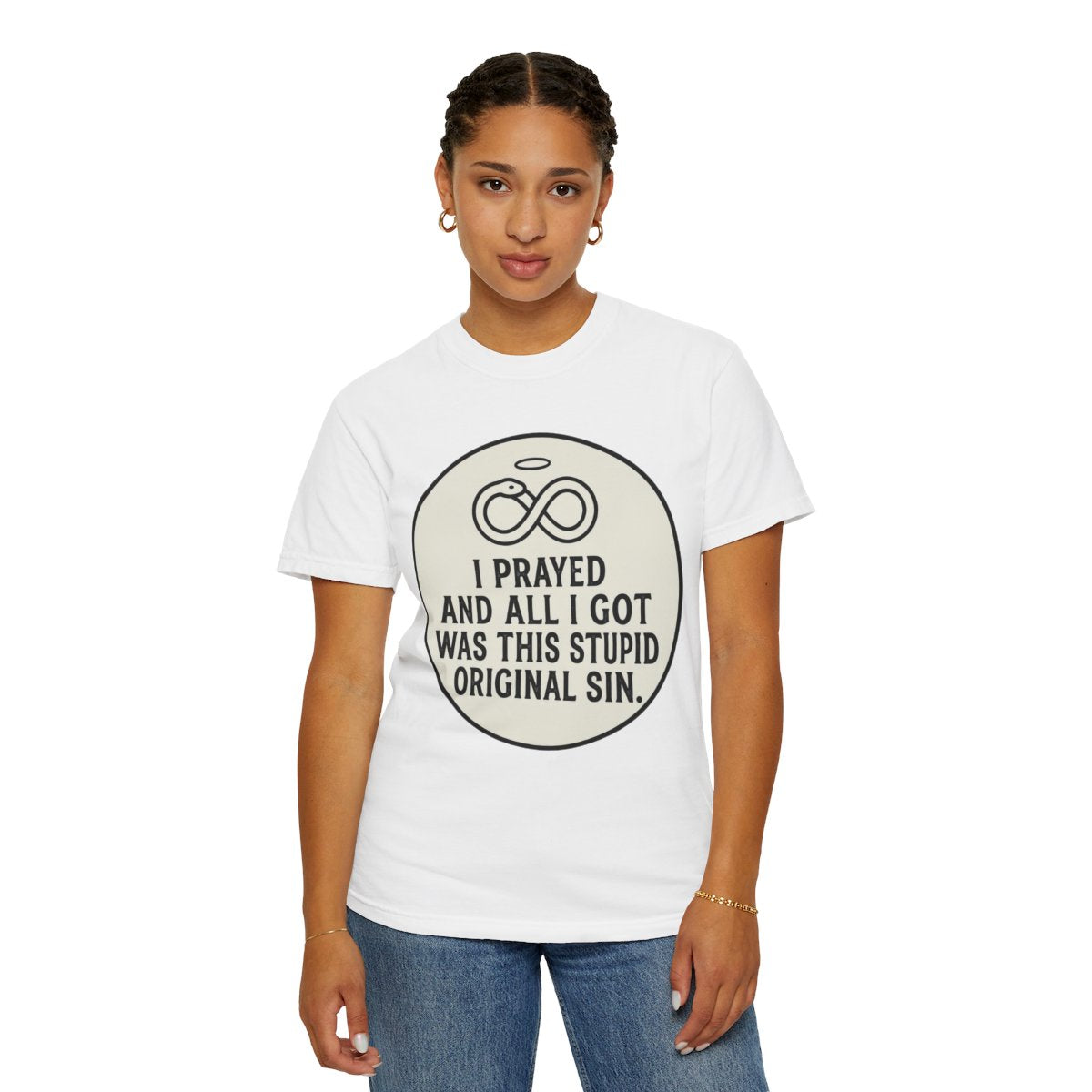 Color: White | Good Book Series Original Sin Unisex Garment-Dyed Tee