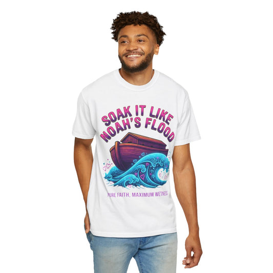 Color: White | Good Book Series Soak it Like Noah's Flood Unisex Garment-Dyed Tee