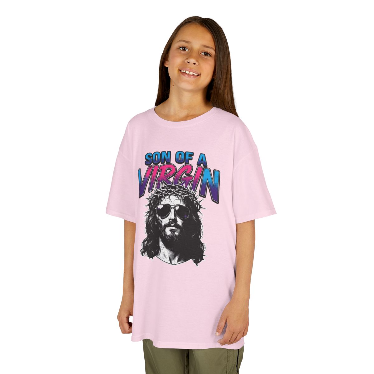 Color: Light Pink | Good Book Series - Son of A Virgin Kids Tee