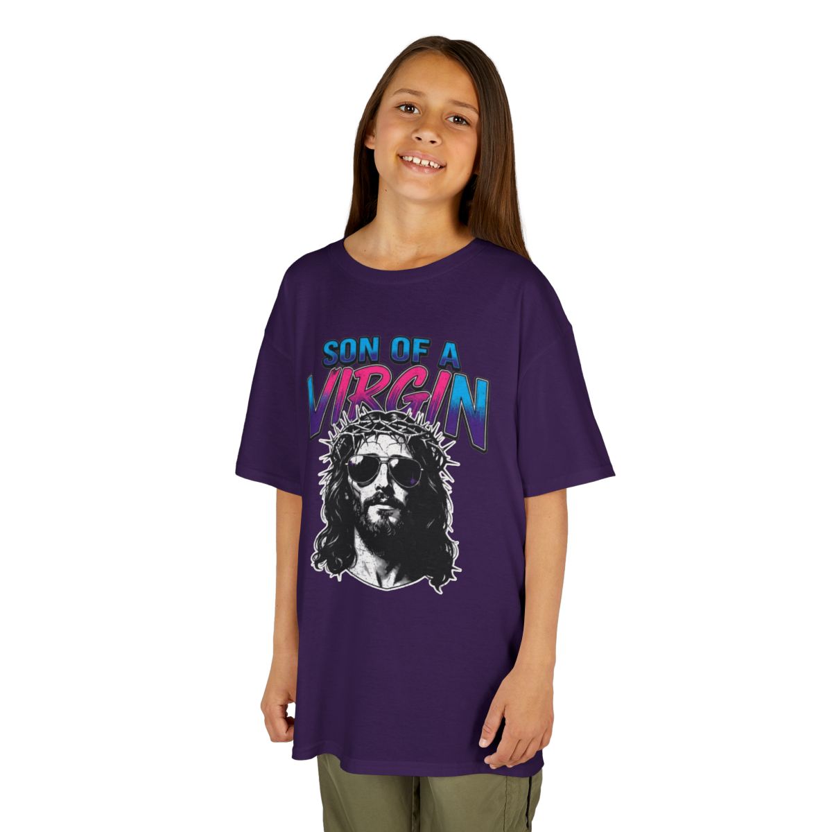 Color: Purple | Good Book Series - Son of A Virgin Kids Tee