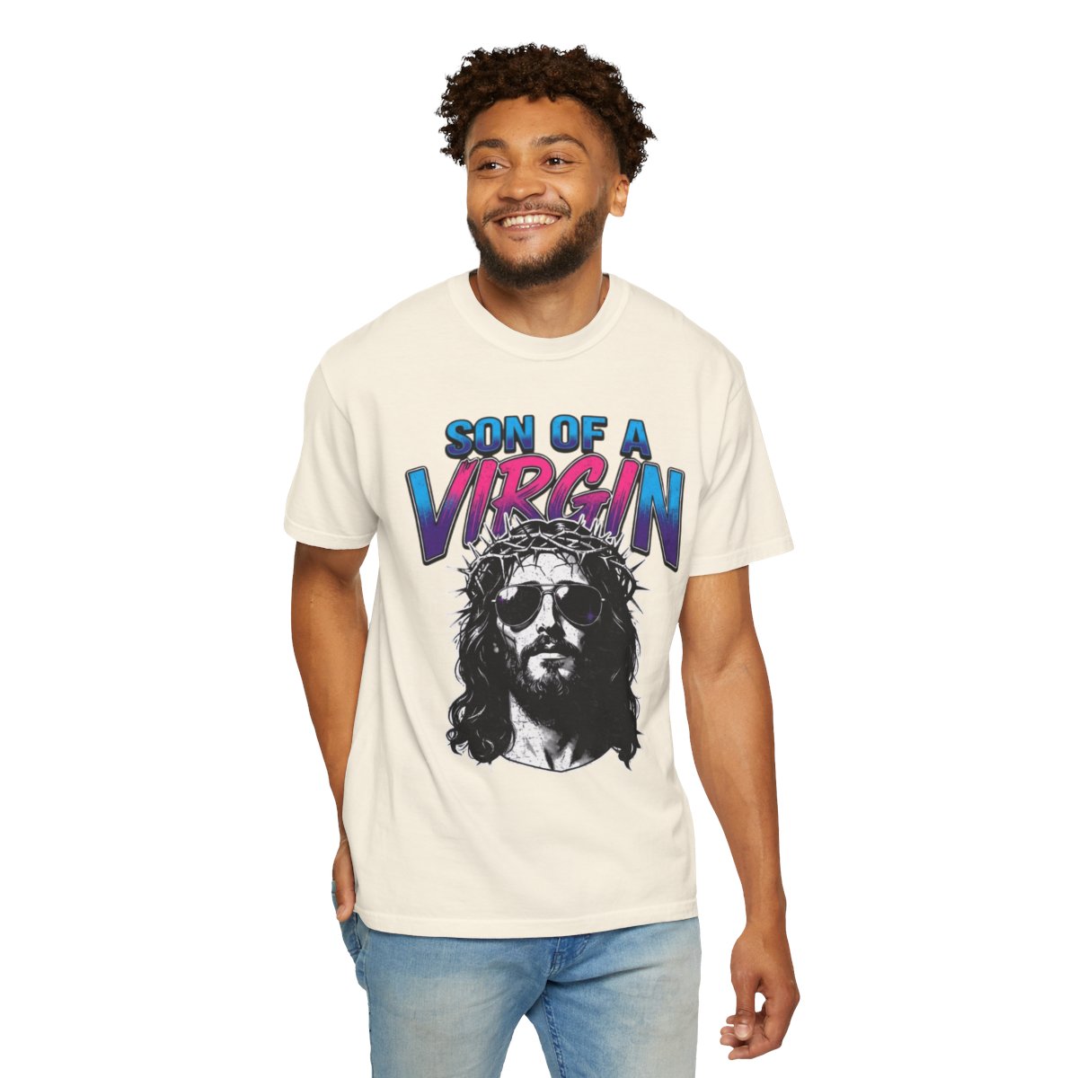 Color: Ivory | Good Book Series - Son of A Virgin Unisex Garment-Dyed Tee