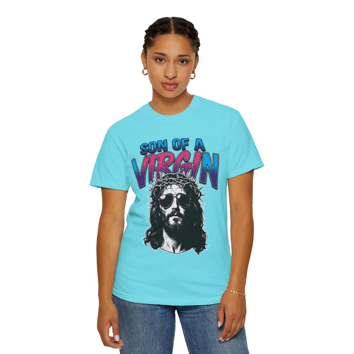 Color: Lagoon Blue | Good Book Series - Son of A Virgin Unisex Garment-Dyed Tee