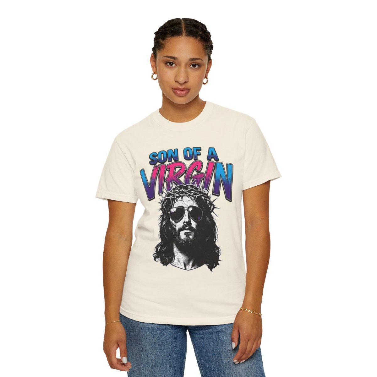 Color: Ivory | Good Book Series - Son of A Virgin Unisex Garment-Dyed Tee