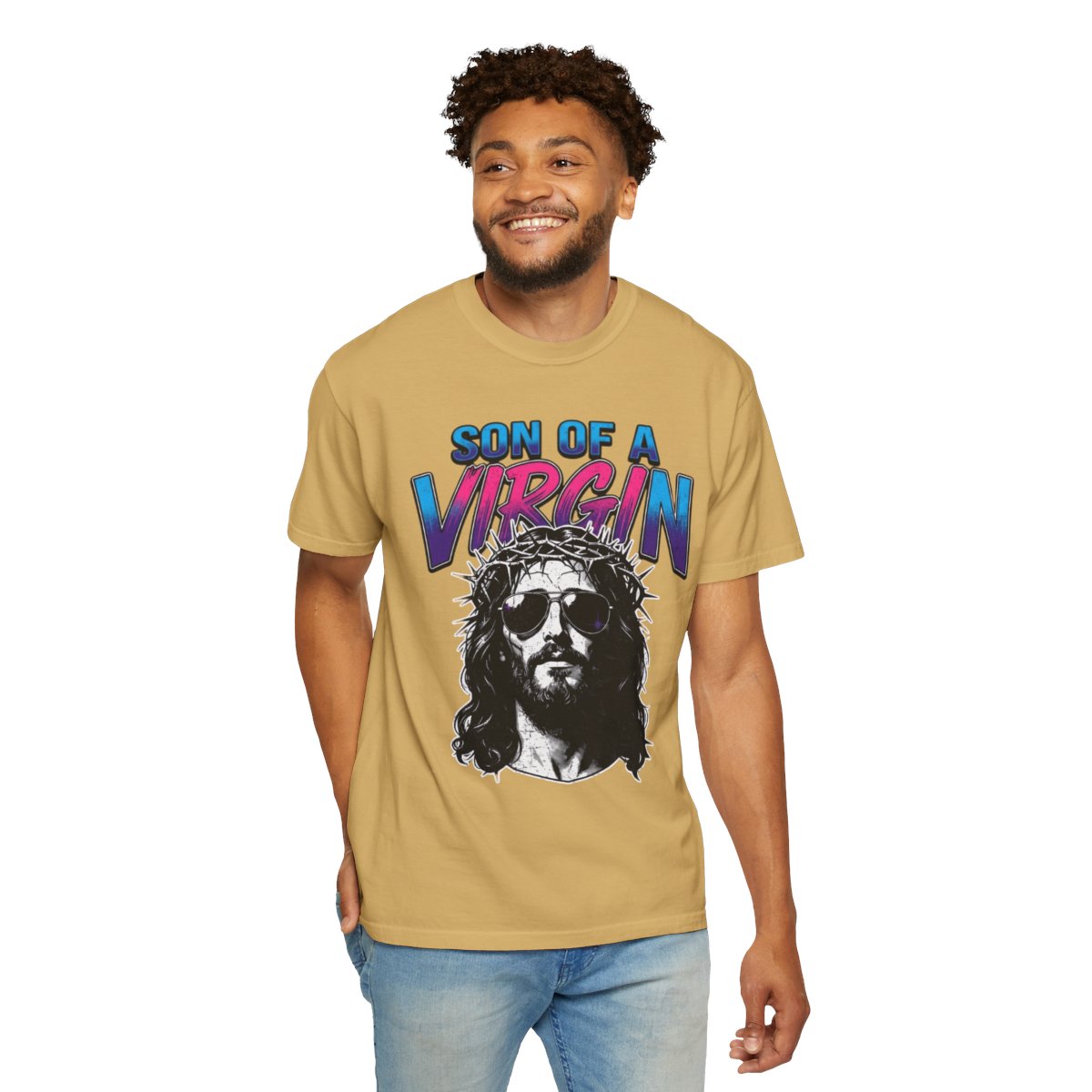 Color: Mustard | Good Book Series - Son of A Virgin Unisex Garment-Dyed Tee
