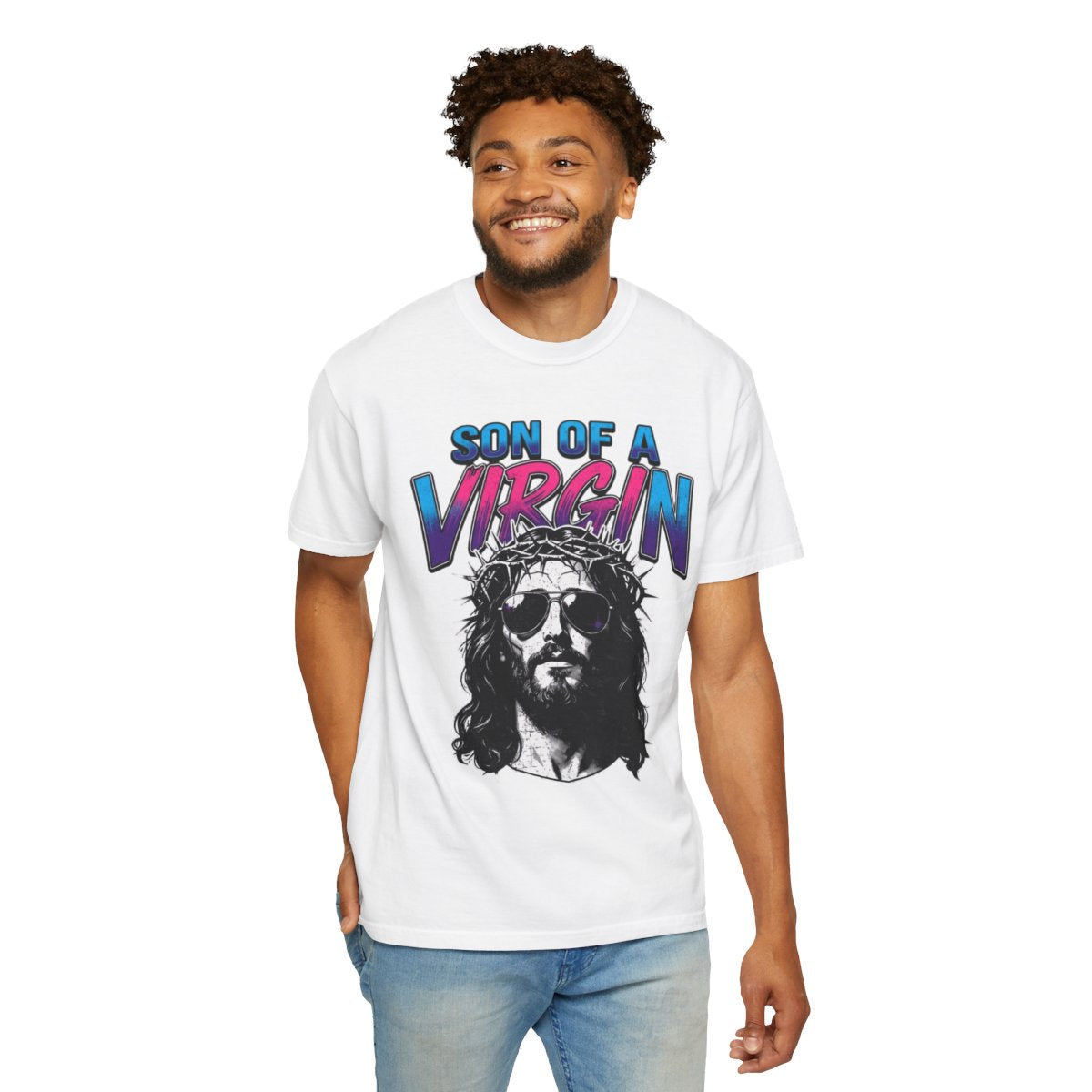 Color: White | Good Book Series - Son of A Virgin Unisex Garment-Dyed Tee