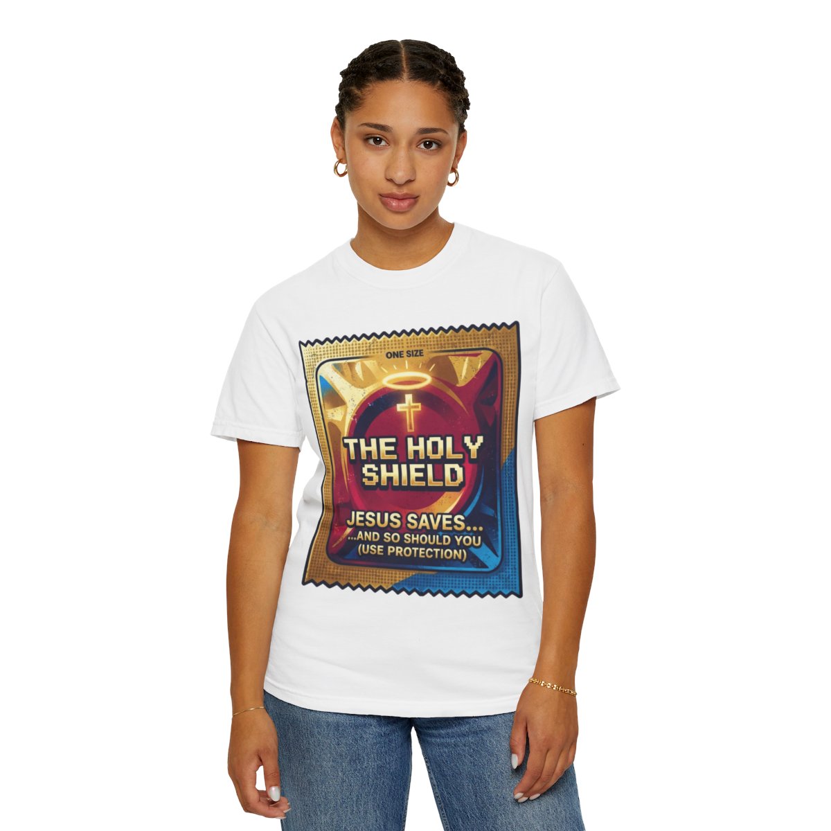 Color: White | Good Book Series The Holy Shield Unisex Garment-Dyed Tee