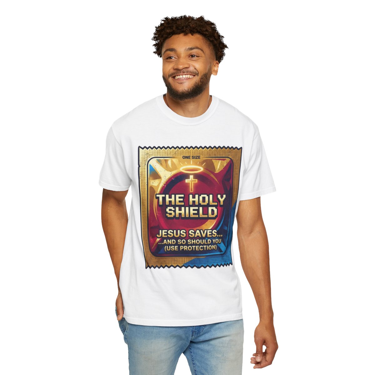 Color: White | Good Book Series The Holy Shield Unisex Garment-Dyed Tee