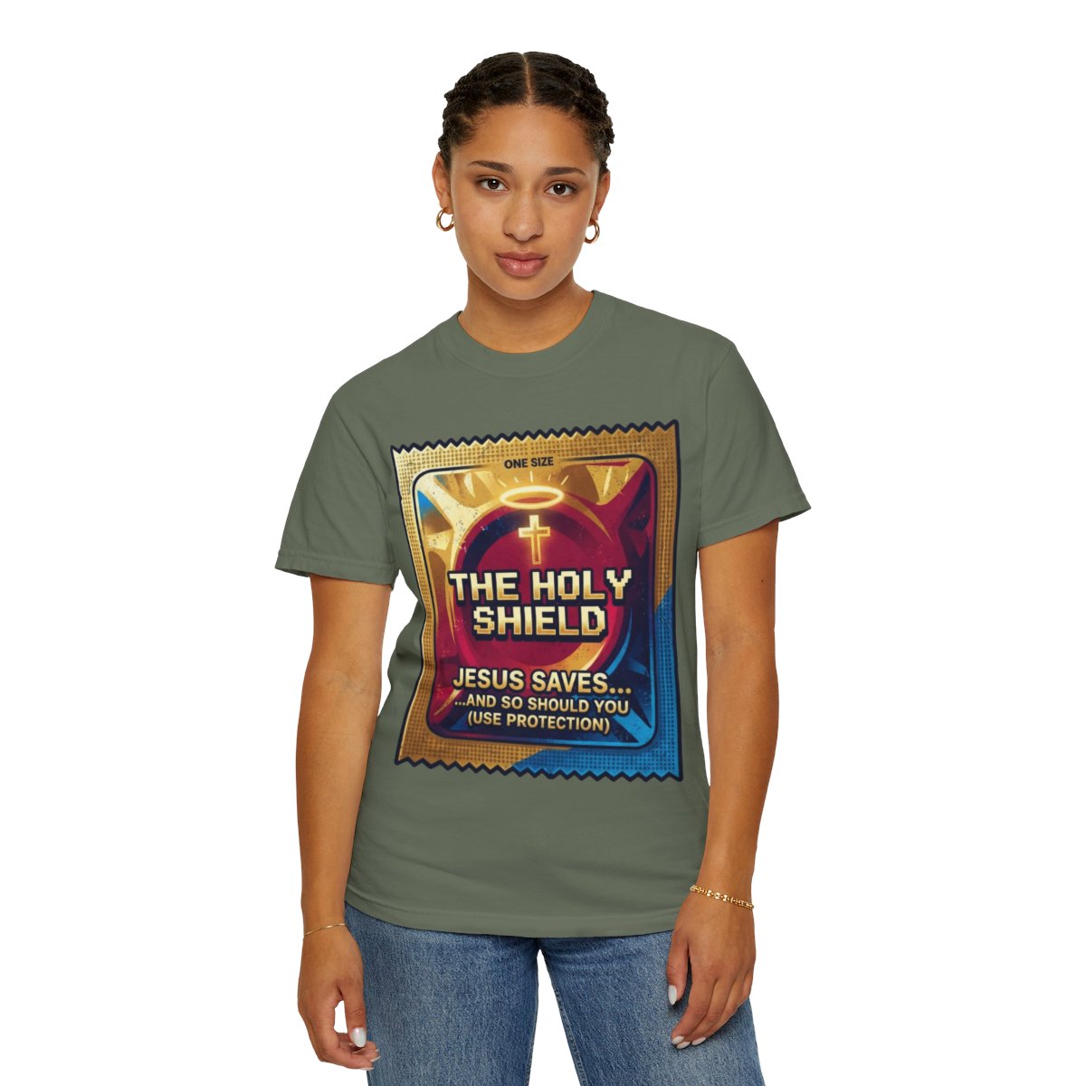 Color: Moss | Good Book Series The Holy Shield Unisex Garment-Dyed Tee