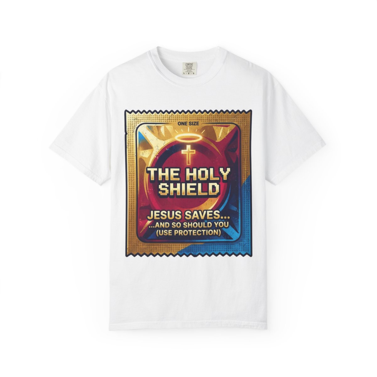 Color: White | Good Book Series The Holy Shield Unisex Garment-Dyed Tee