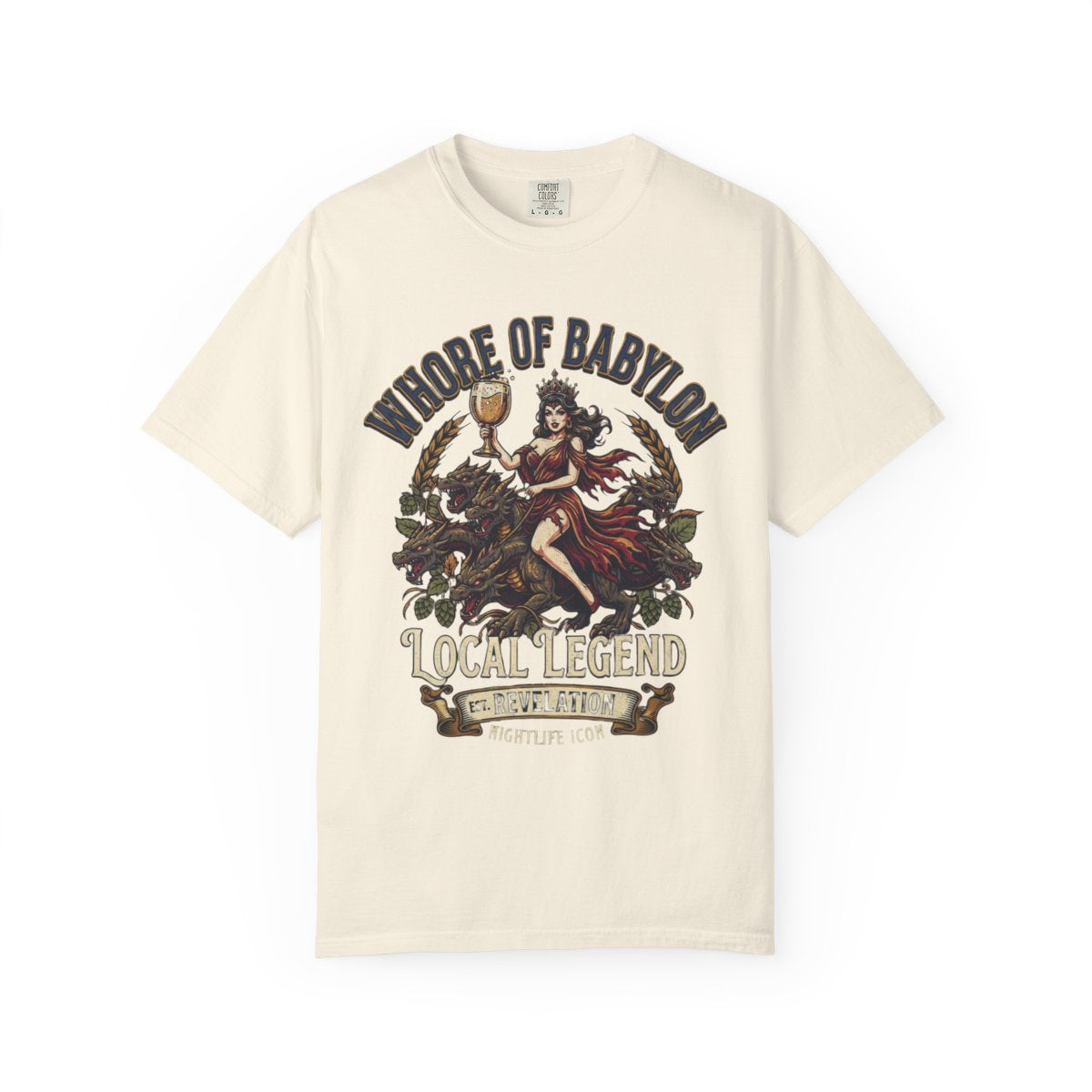 Color: Ivory | Good Book Series Whore of Babylon Unisex Garment-Dyed Tee