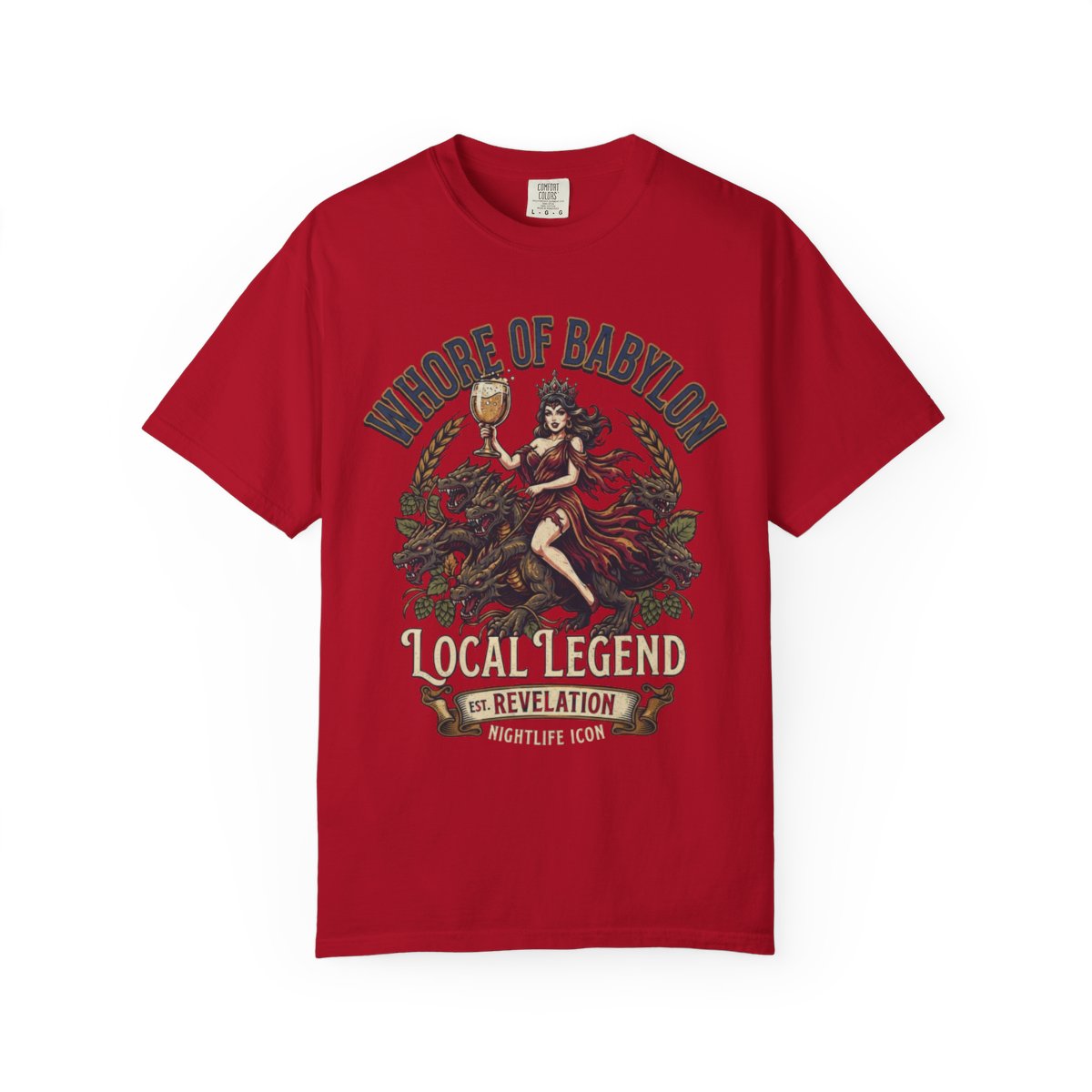 Color: Red | Good Book Series Whore of Babylon Unisex Garment-Dyed Tee