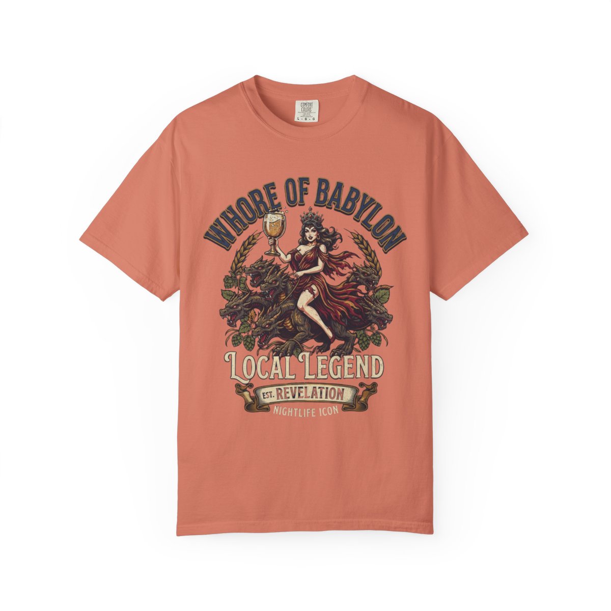 Color: Terracotta | Good Book Series Whore of Babylon Unisex Garment-Dyed Tee