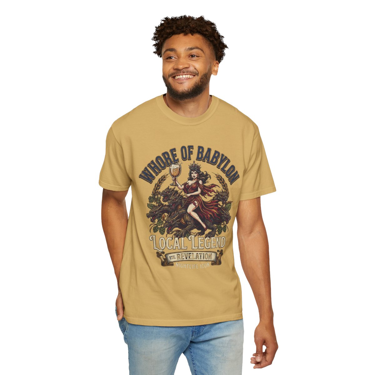 Color: Mustard | Good Book Series Whore of Babylon Unisex Garment-Dyed Tee