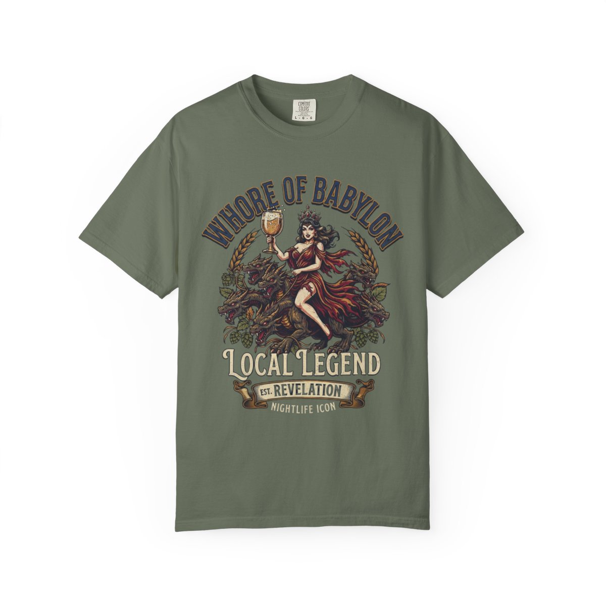 Color: Moss | Good Book Series Whore of Babylon Unisex Garment-Dyed Tee