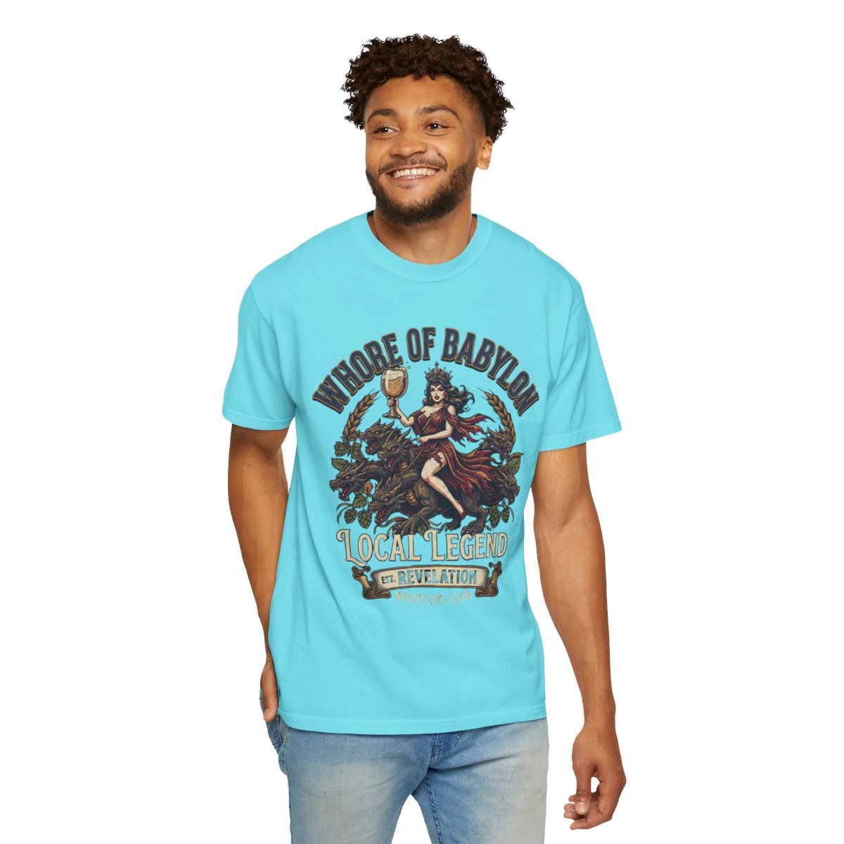 Color: Lagoon Blue | Good Book Series Whore of Babylon Unisex Garment-Dyed Tee