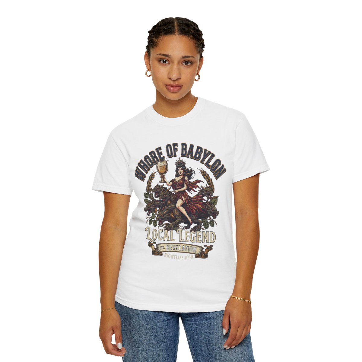 Color: White | Good Book Series Whore of Babylon Unisex Garment-Dyed Tee