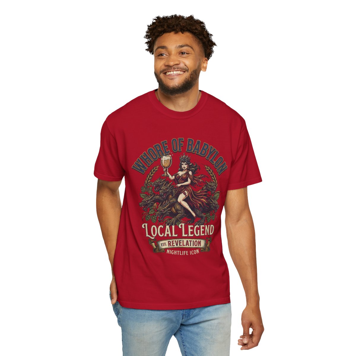 Color: Red | Good Book Series Whore of Babylon Unisex Garment-Dyed Tee