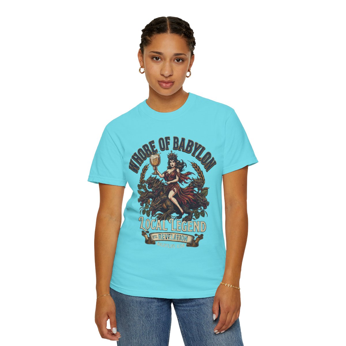 Color: Lagoon Blue | Good Book Series Whore of Babylon Unisex Garment-Dyed Tee