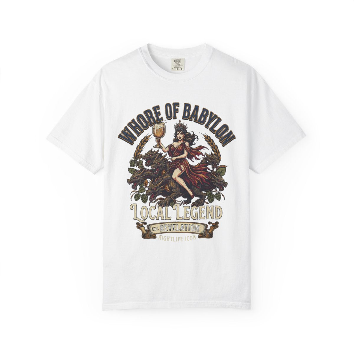 Color: White | Good Book Series Whore of Babylon Unisex Garment-Dyed Tee