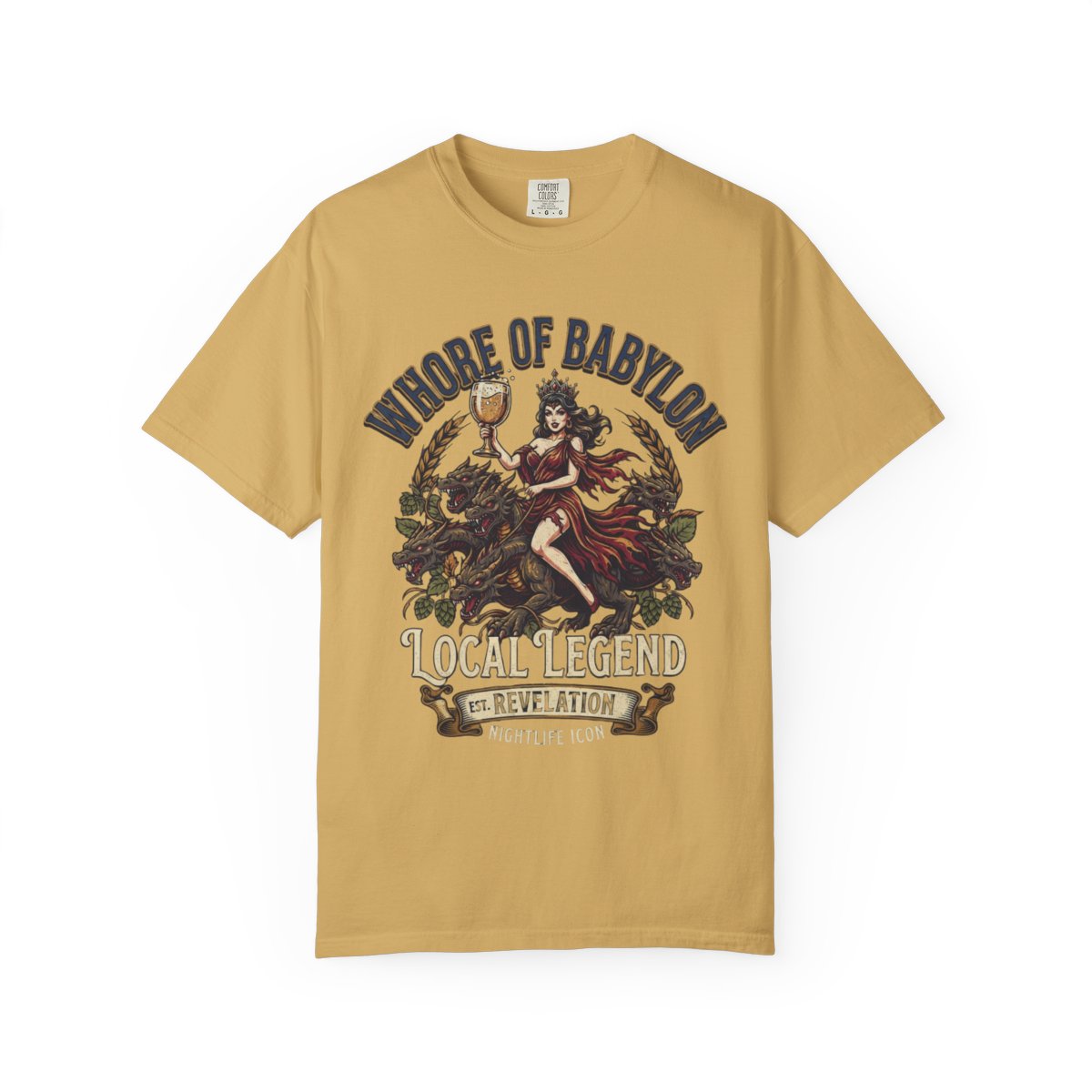 Color: Mustard | Good Book Series Whore of Babylon Unisex Garment-Dyed Tee