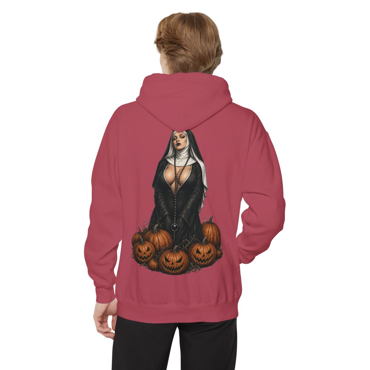 Color: Crimson | Halloween Nun Garment-Dyed Hoodie