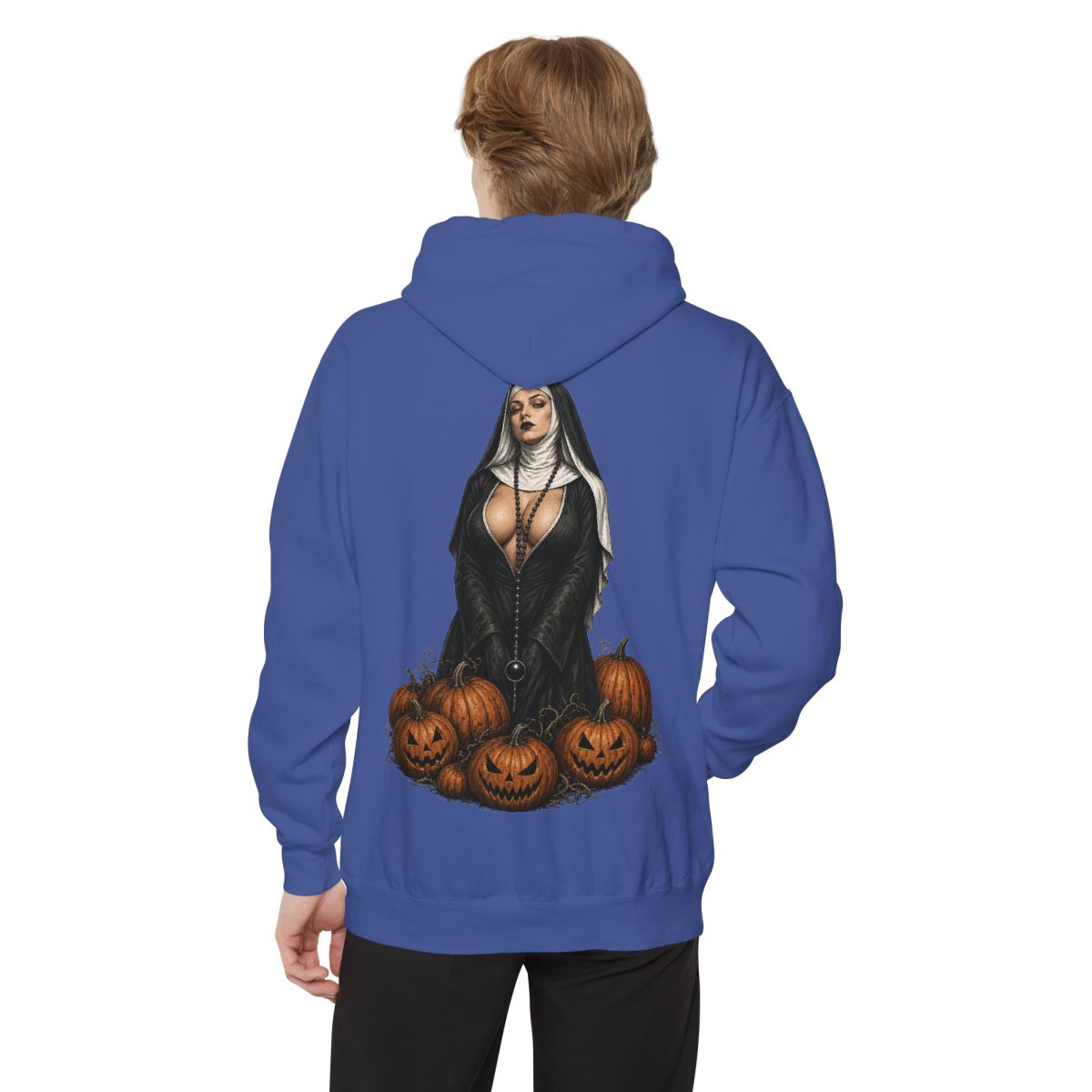 Color: Flo Blue | Halloween Nun Garment-Dyed Hoodie