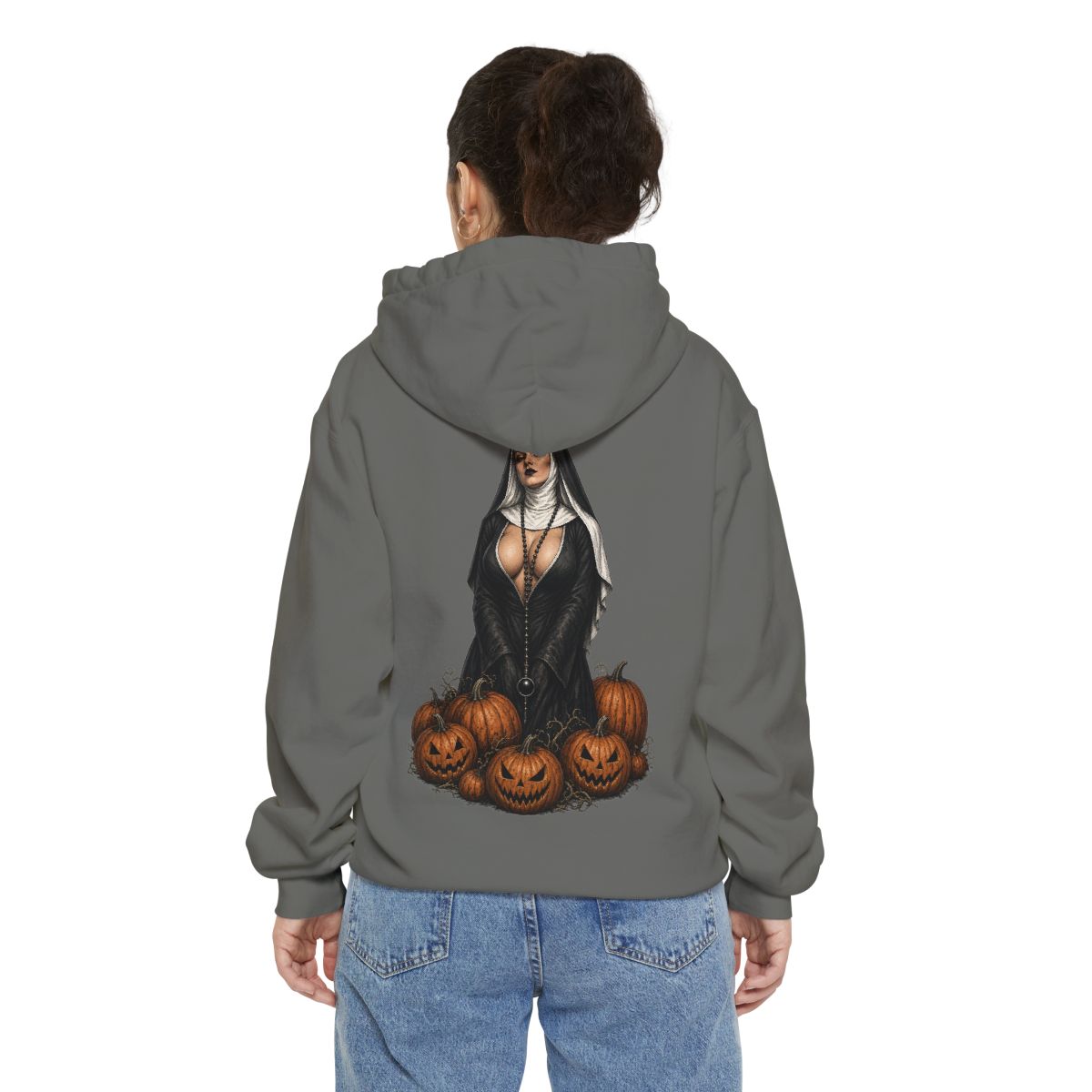 Color: Grey | Halloween Nun Garment-Dyed Hoodie