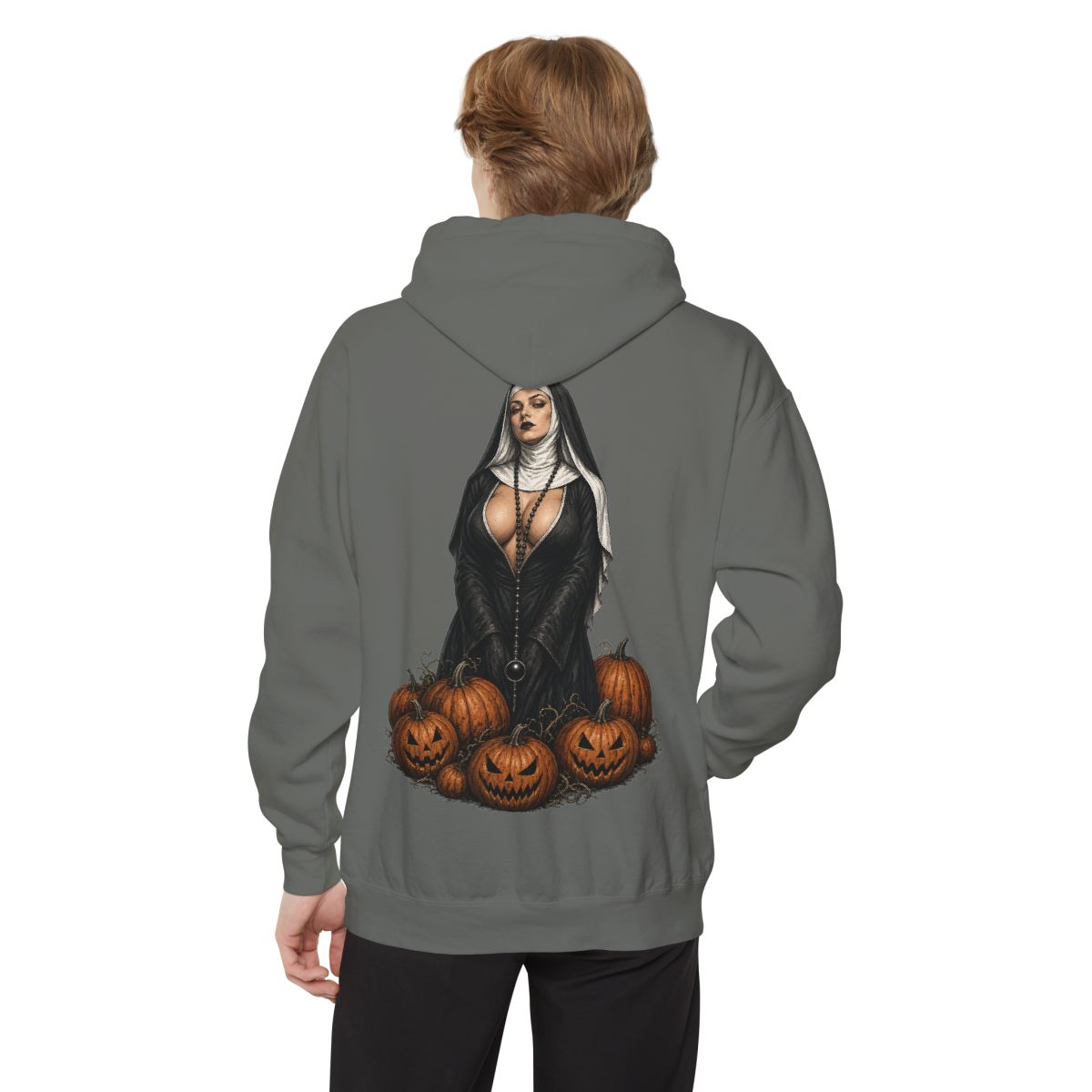 Color: Grey | Halloween Nun Garment-Dyed Hoodie