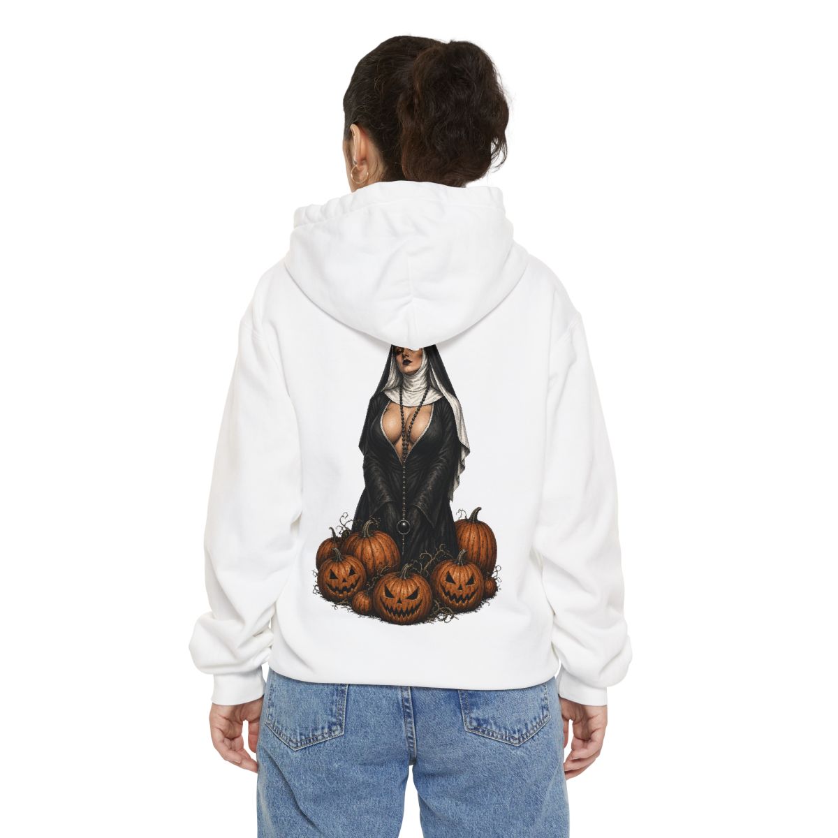 Color: White | Halloween Nun Garment-Dyed Hoodie