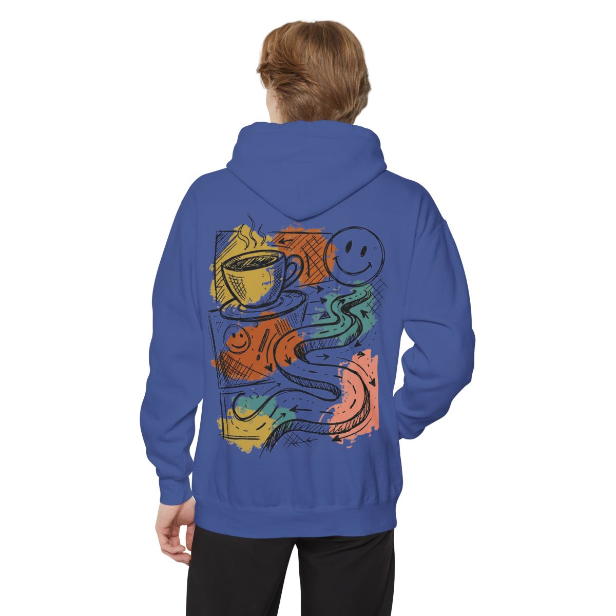 Color: Flo Blue | Happy Coffee Garment-Dyed Hoodie