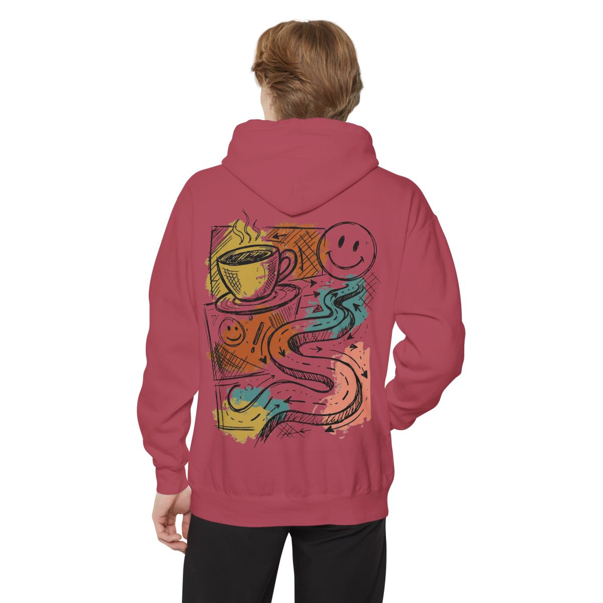 Color: Crimson | Happy Coffee Garment-Dyed Hoodie