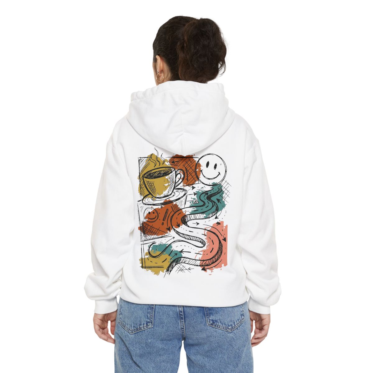 Color: White | Happy Coffee Garment-Dyed Hoodie