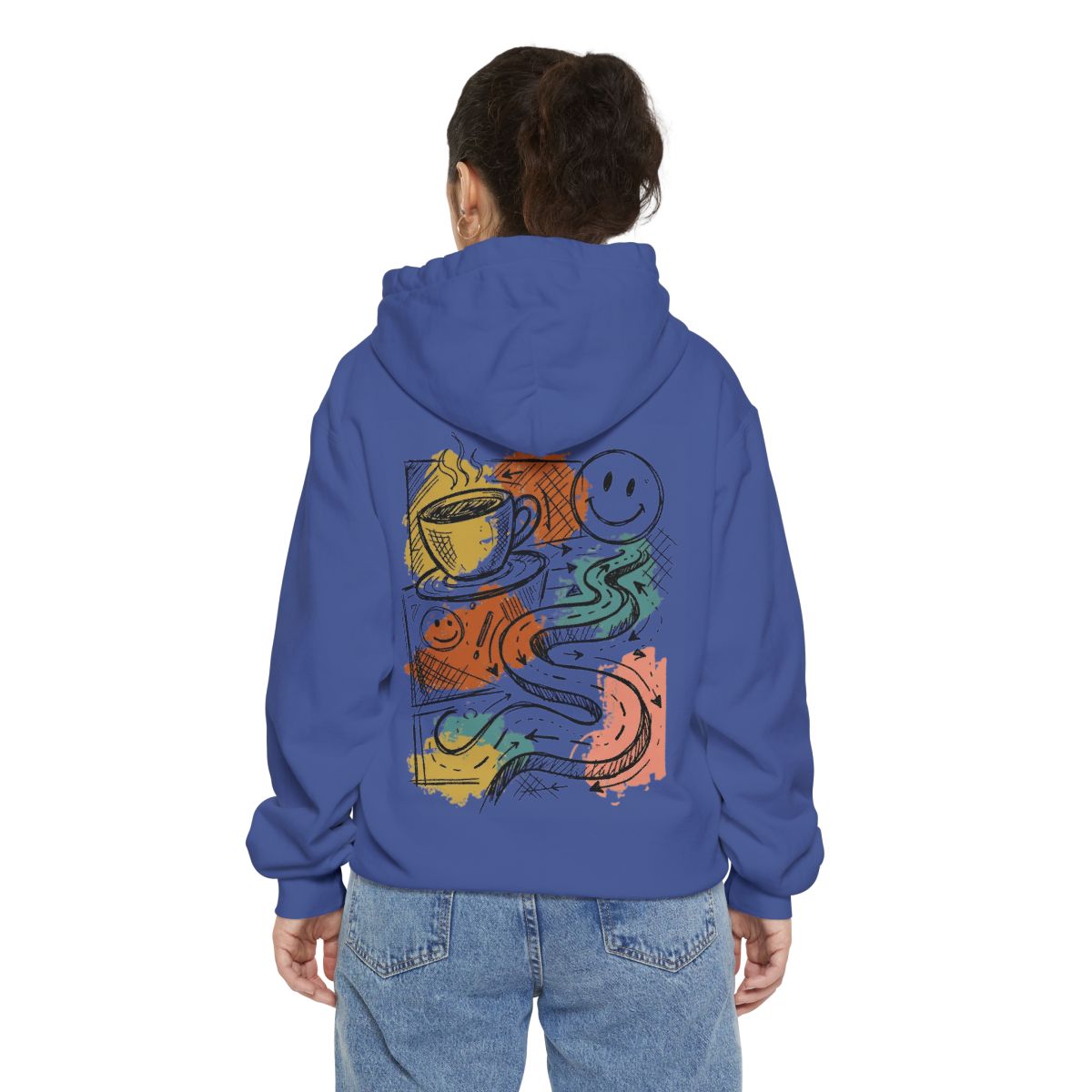 Color: Flo Blue | Happy Coffee Garment-Dyed Hoodie