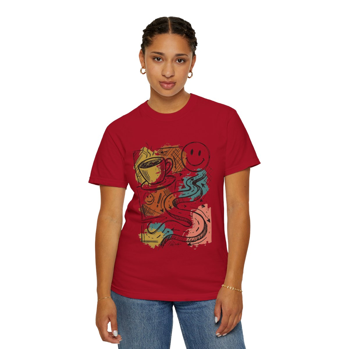 Color: Red | Happy Coffee Unisex Garment-Dyed Tee