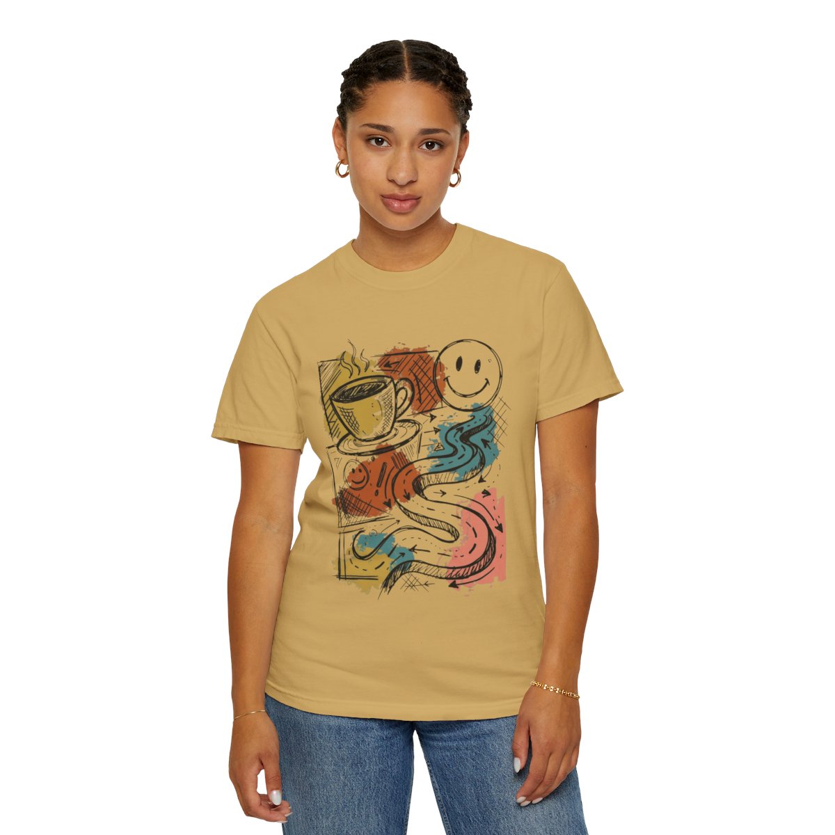 Color: Mustard | Happy Coffee Unisex Garment-Dyed Tee
