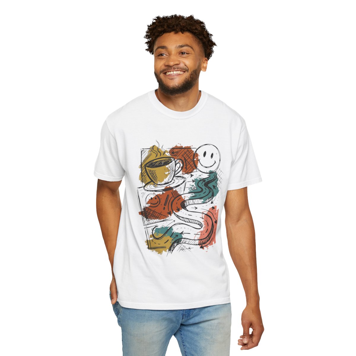 Color: White | Happy Coffee Unisex Garment-Dyed Tee