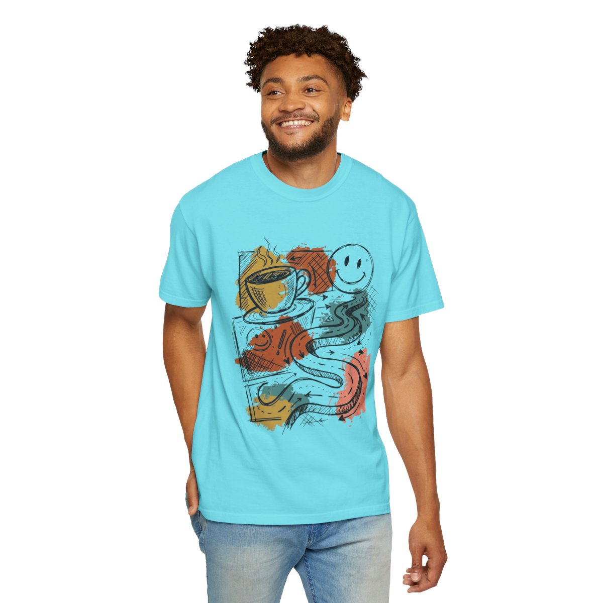 Color: Lagoon Blue | Happy Coffee Unisex Garment-Dyed Tee
