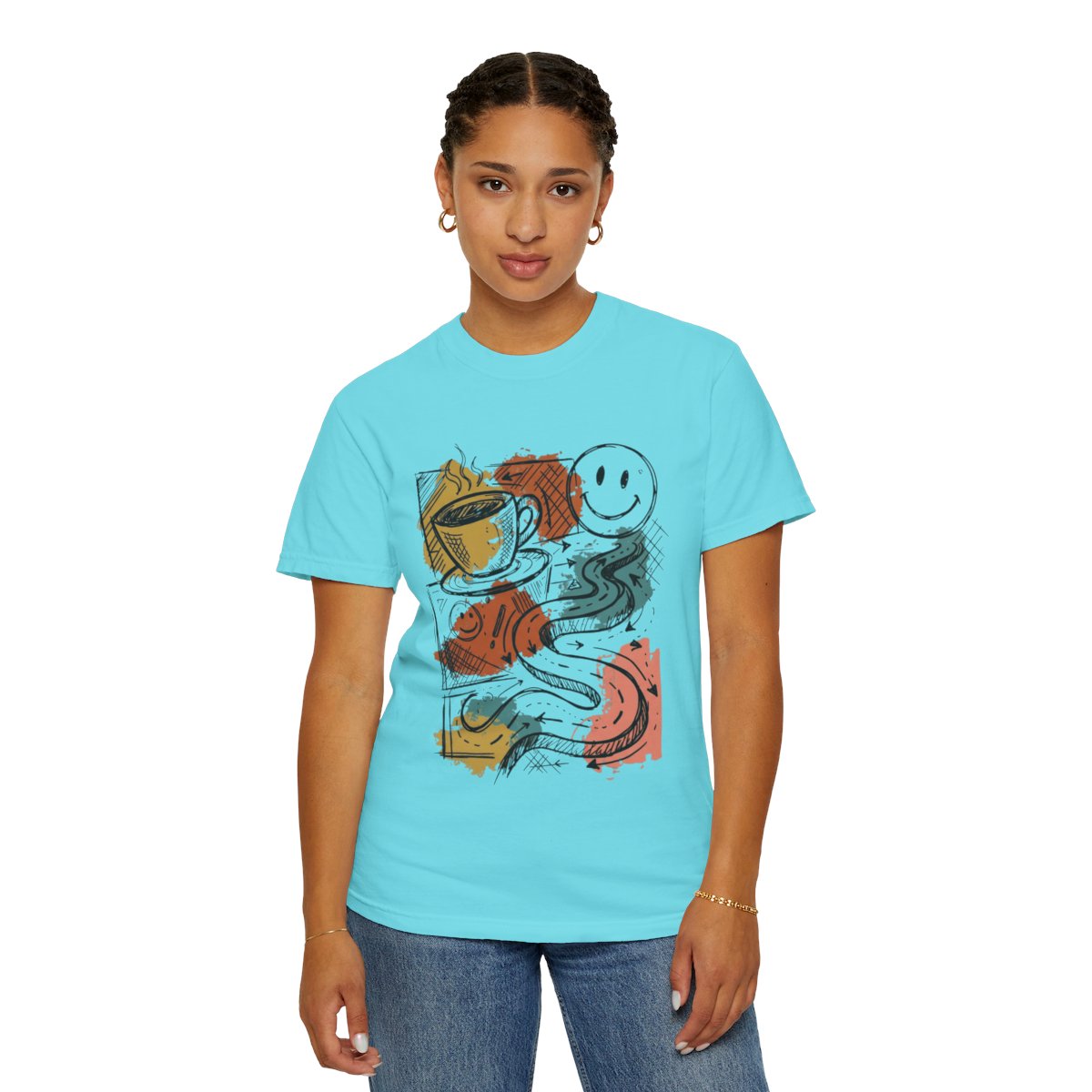 Color: Lagoon Blue | Happy Coffee Unisex Garment-Dyed Tee