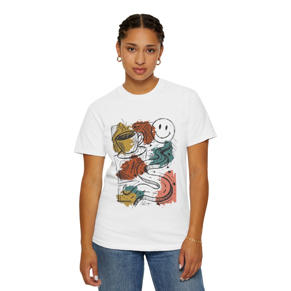 Color: White | Happy Coffee Unisex Garment-Dyed Tee