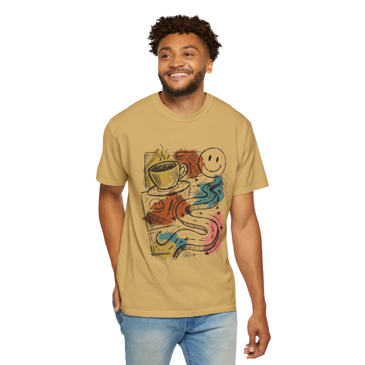Color: Mustard | Happy Coffee Unisex Garment-Dyed Tee