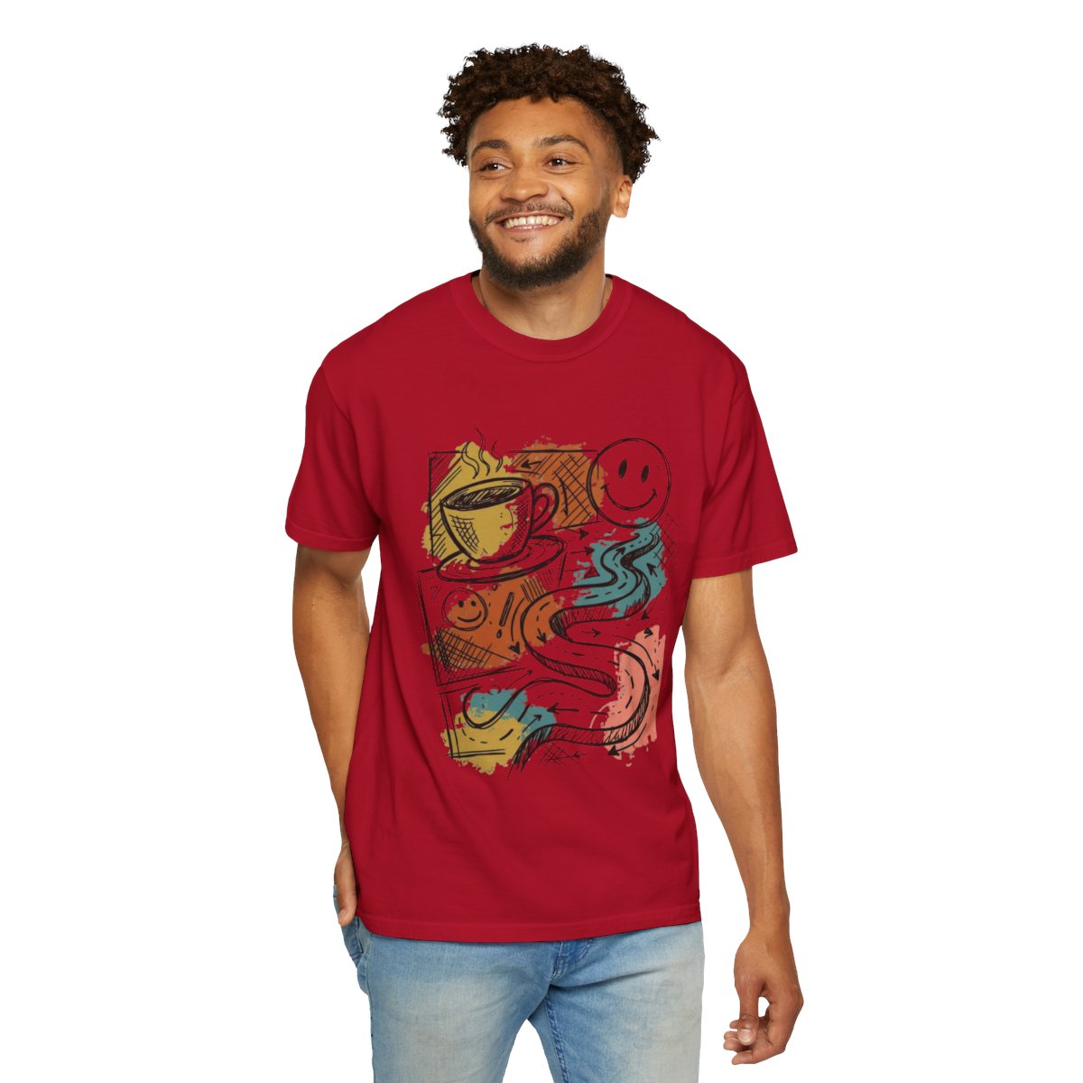 Color: Red | Happy Coffee Unisex Garment-Dyed Tee